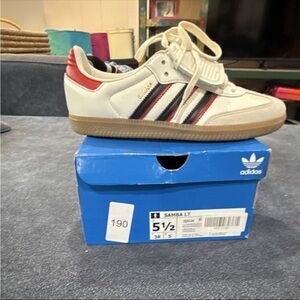 adidas Samba LT White Leather Sneakers with Red & Black Stripes